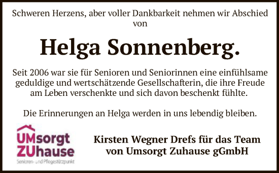 Todesanzeige von Helga Sonnenberg von SYK