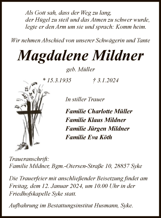 Todesanzeige von Magdalene Mildner von SYK