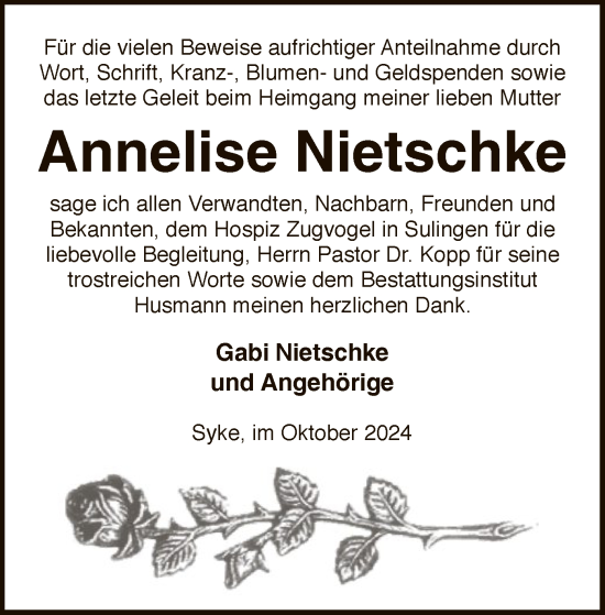 Todesanzeige von Annelise Nietschke von SYK