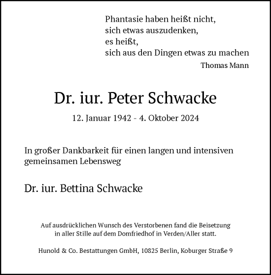 Todesanzeige von Peter Schwacke von SYK