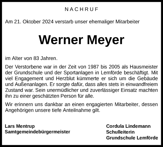 Todesanzeige von Werner Meyer von SYK