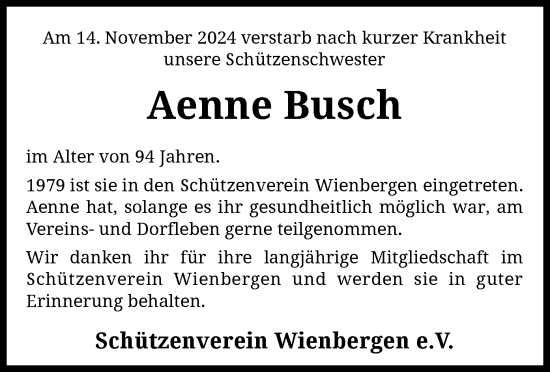 Todesanzeige von Aenne Busch von SYK