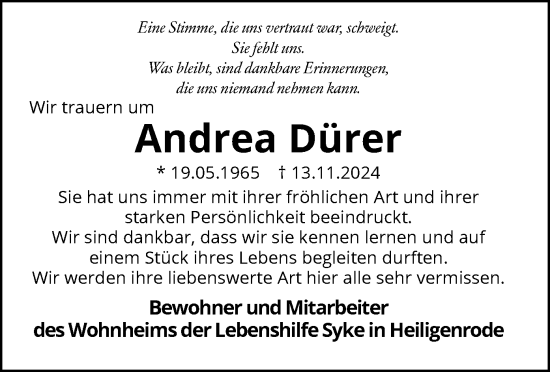 Todesanzeige von Andrea Dürer von SYK