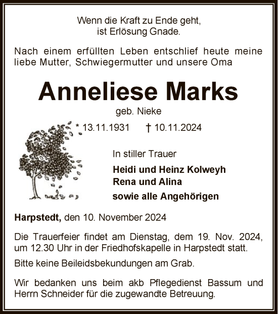 Todesanzeige von Anneliese Marks von SYKSYK