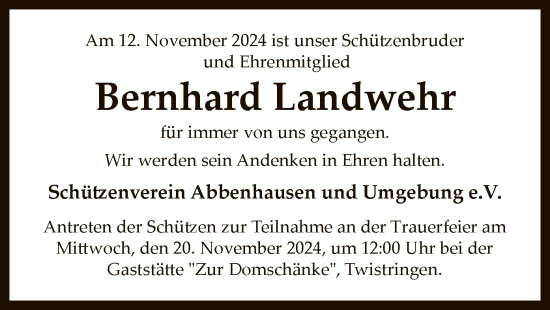 Todesanzeige von Bernhard Landwehr von SYK