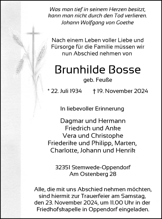 Todesanzeige von Brunhilde Bosse von SYK