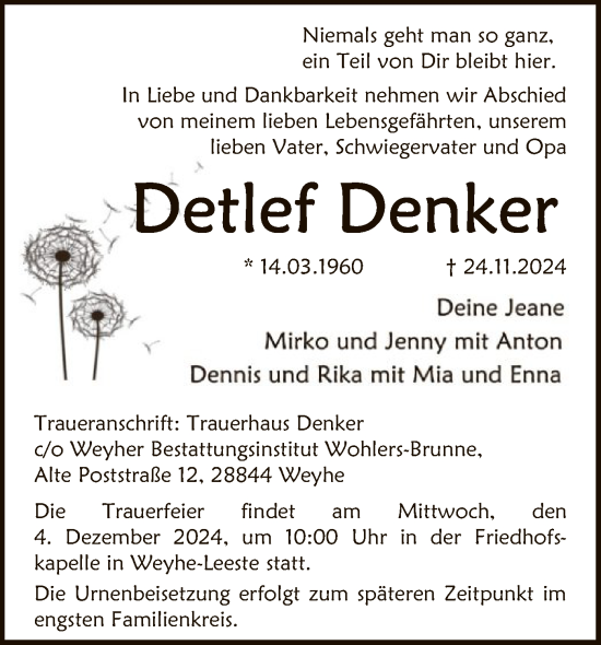 Todesanzeige von Detlef Denker von SYK