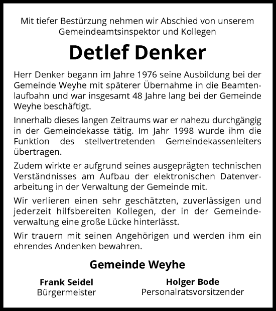 Todesanzeige von Detlef Denker von SYK