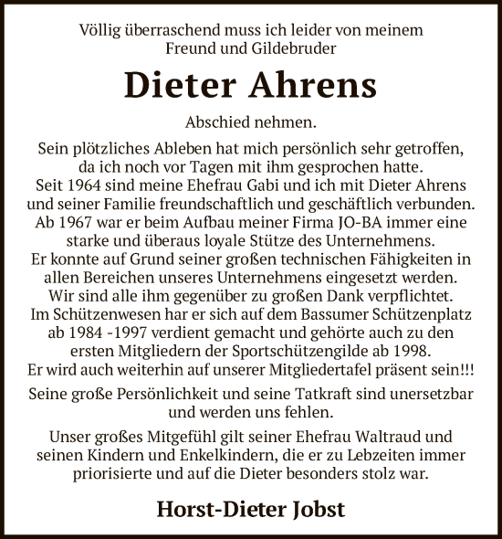 Todesanzeige von Dieter Ahrens von SYK