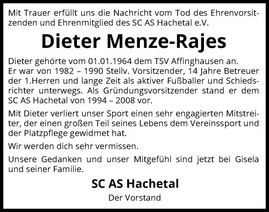 Todesanzeige von Dieter Menze-Rajes von SYK