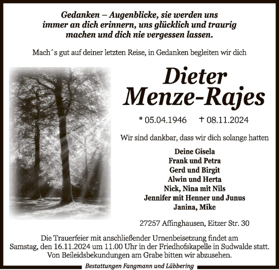 Todesanzeige von Dieter Menze-Rajes von SYKSYK