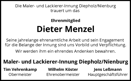 Todesanzeige von Dieter Menzel von SYK