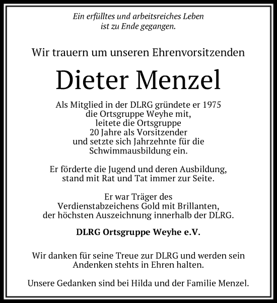 Todesanzeige von Dieter Menzel von SYK