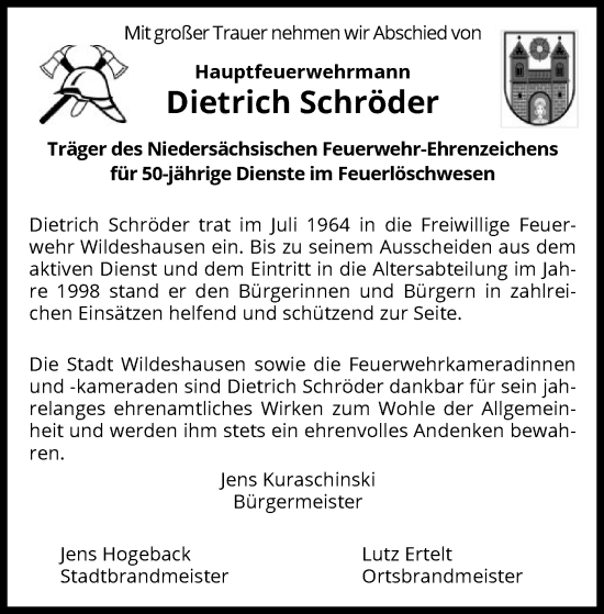 Todesanzeige von Dietrich Schröder von SYK