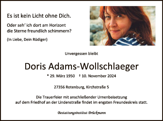 Todesanzeige von Doris Adams-Wollschlaeger von SYK