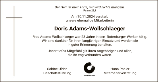 Todesanzeige von Doris Adams-Wollschlaeger von SYK