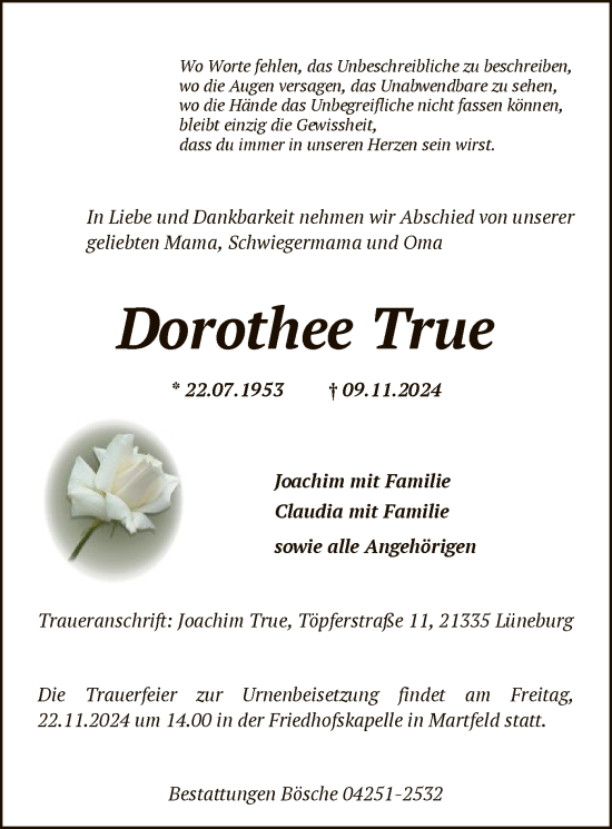 Todesanzeige von Dorothee True von SYK