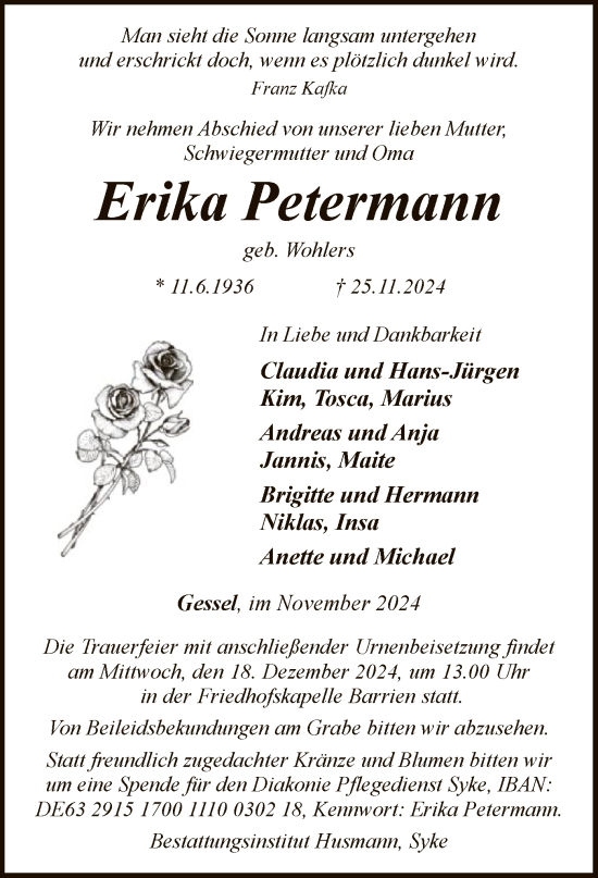 Todesanzeige von Erika Petermann von SYK