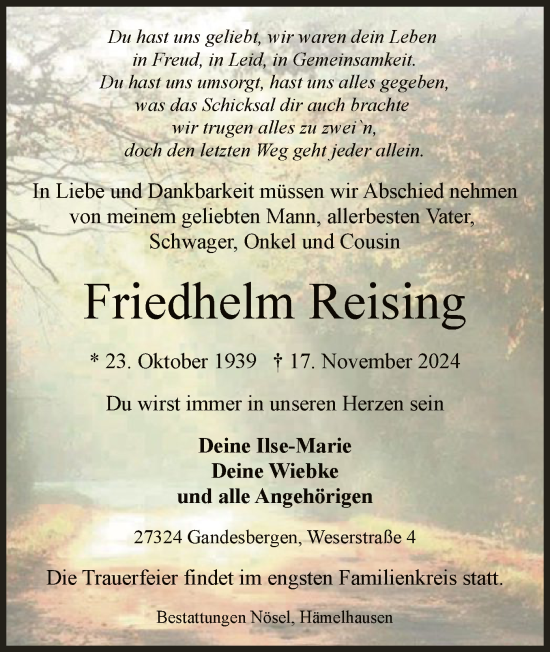 Todesanzeige von Friedhelm Reising von SYK