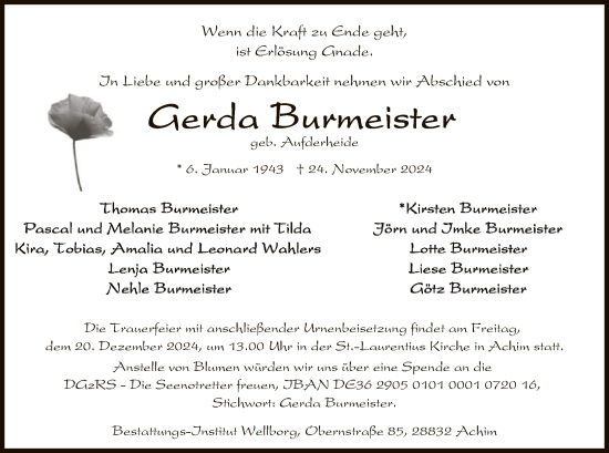 Todesanzeige von Gerda Burmeister von SYK