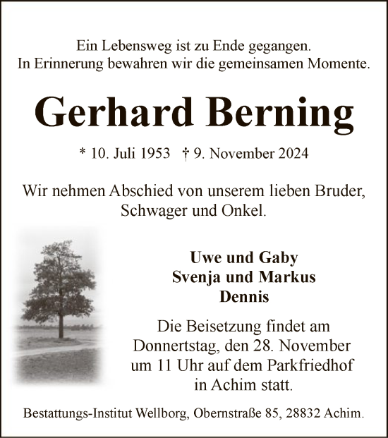 Todesanzeige von Gerhard Berning von SYK