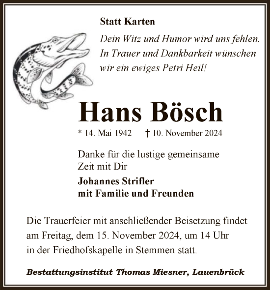 Todesanzeige von Hans Bösch von SYK