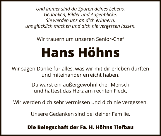 Todesanzeige von Hans Höhns von SYK