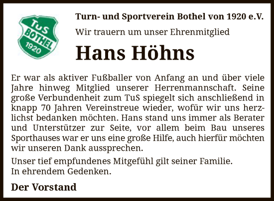 Todesanzeige von Hans Höhns von SYK