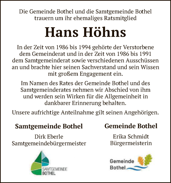 Todesanzeige von Hans Höhns von SYK