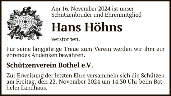 Todesanzeige von Hans Höhns von SYK