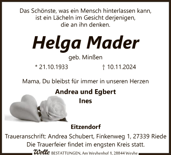 Todesanzeige von Helga Mader von SYK