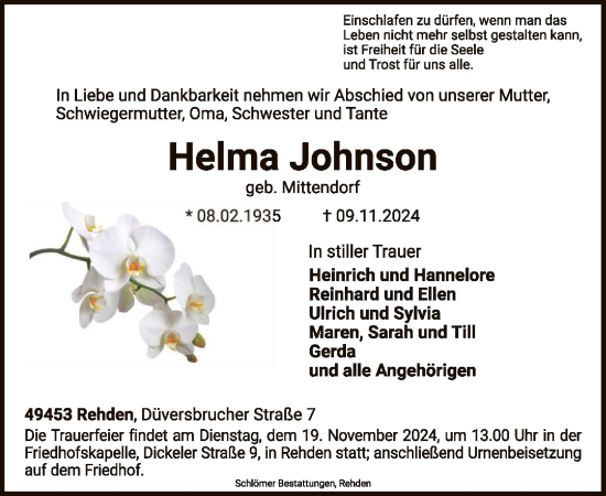 Todesanzeige von Helma Johnson von SYK