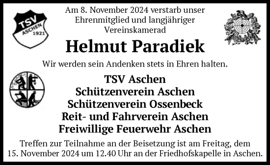 Todesanzeige von Helmut Paradiek von SYK