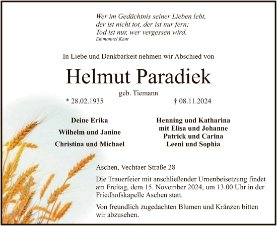 Todesanzeige von Helmut Paradiek von SYK