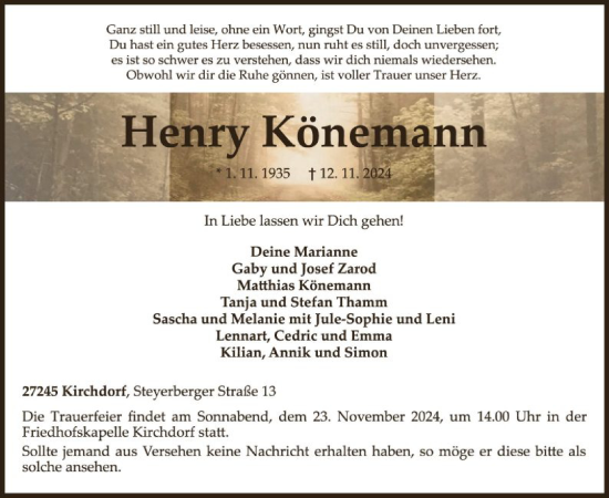 Todesanzeige von Henry Könemann von SYK