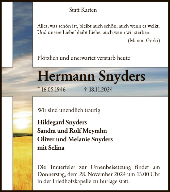 Todesanzeige von Hermann Snyders von SYK