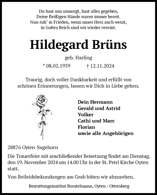 Todesanzeige von Hildegard Brüns von SYK