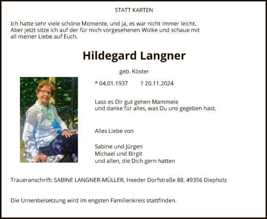 Todesanzeige von Hildegard Langner von SYK