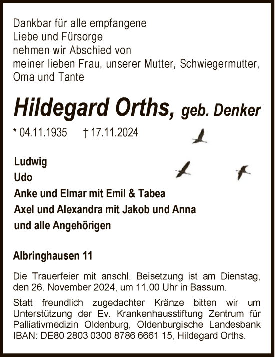 Todesanzeige von Hildegard Orths von SYK