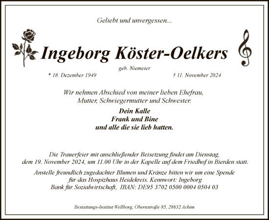 Todesanzeige von Ingeborg Köster-Oelkers von SYK