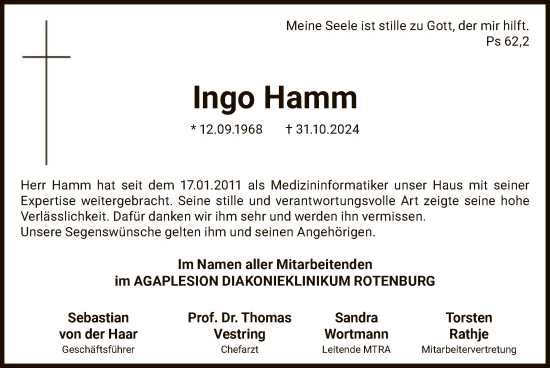 Todesanzeige von Ingo Hamm von SYK