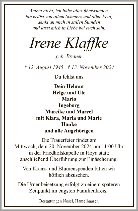 Todesanzeige von Irene Klaffke von SYK