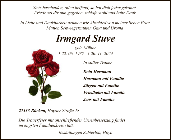 Todesanzeige von Irmgard Stuve von SYK