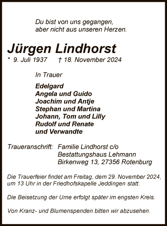 Todesanzeige von Jürgen Lindhorst von SYK