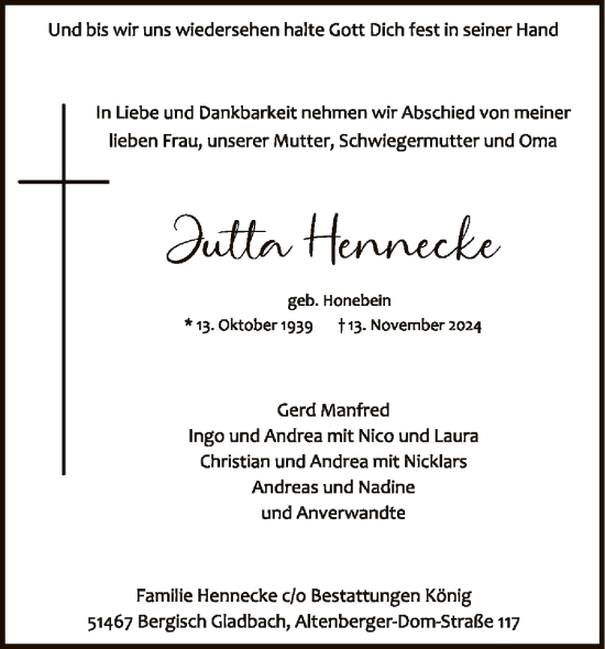 Todesanzeige von Jutta Hennecke von SYK