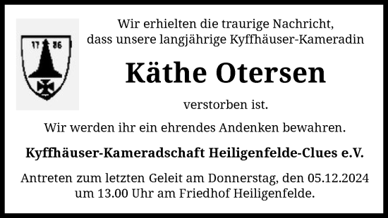 Todesanzeige von Käthe Otersen von SYK