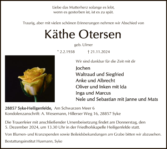 Todesanzeige von Käthe Otersen von SYK