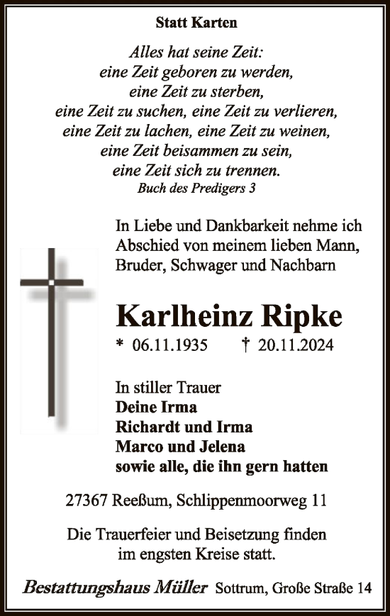 Todesanzeige von Karlheinz Ripke von SYK