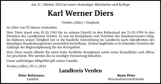 Todesanzeige von Karl Werner Diers von SYK