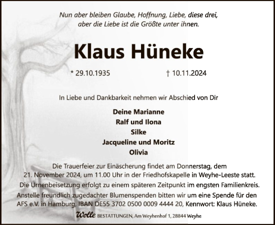 Todesanzeige von Klaus Hüneke von SYK